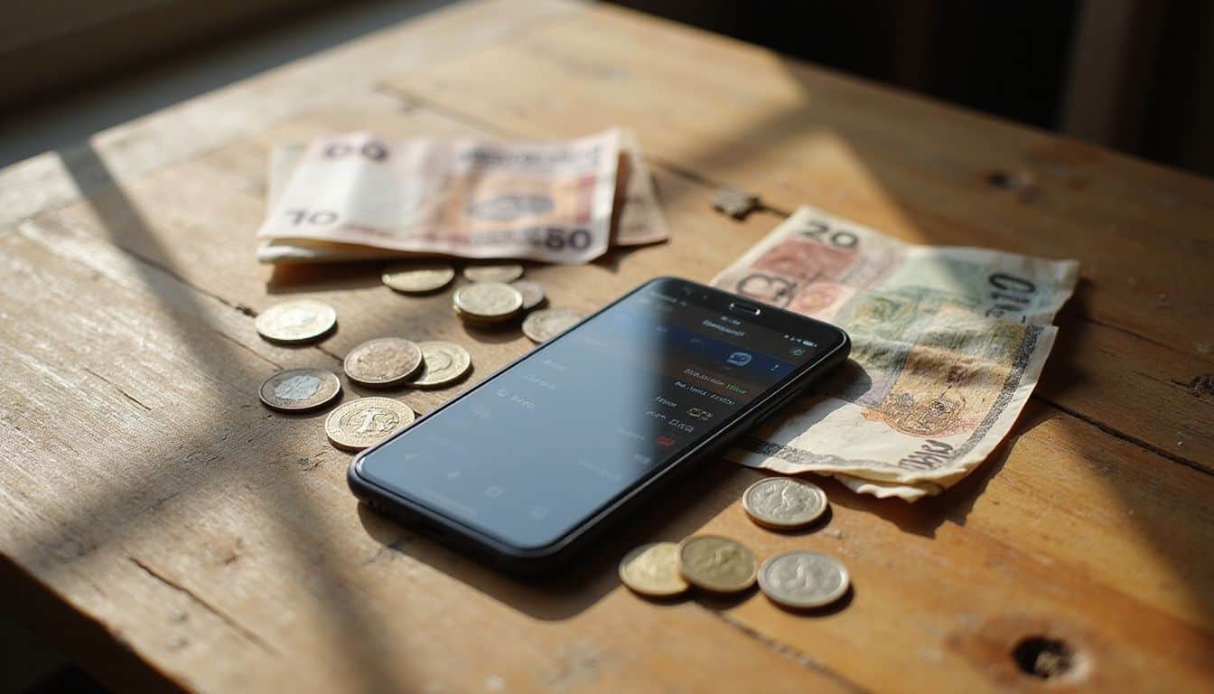 A smartphone displays a cryptocurrency wallet app alongside assorted international coins and crumpled banknotes on a rustic oak table. A smartphone displays a cryptocurrency wallet app alongside assorted international coins and crumpled banknotes on a rustic oak table.