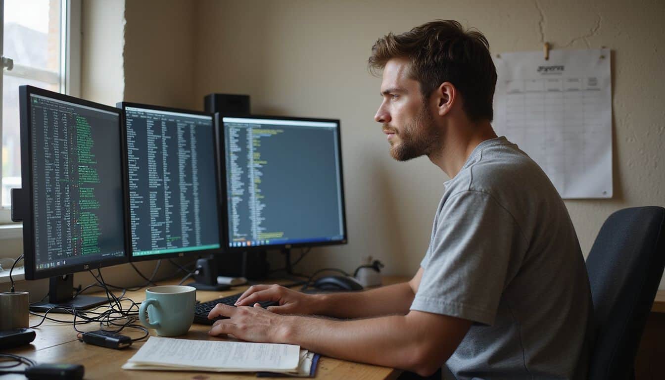A focused man in his 30s works at a cluttered desk with multiple monitors displaying cryptocurrency transactions. A focused man in his 30s works at a cluttered desk with multiple monitors displaying cryptocurrency transactions.