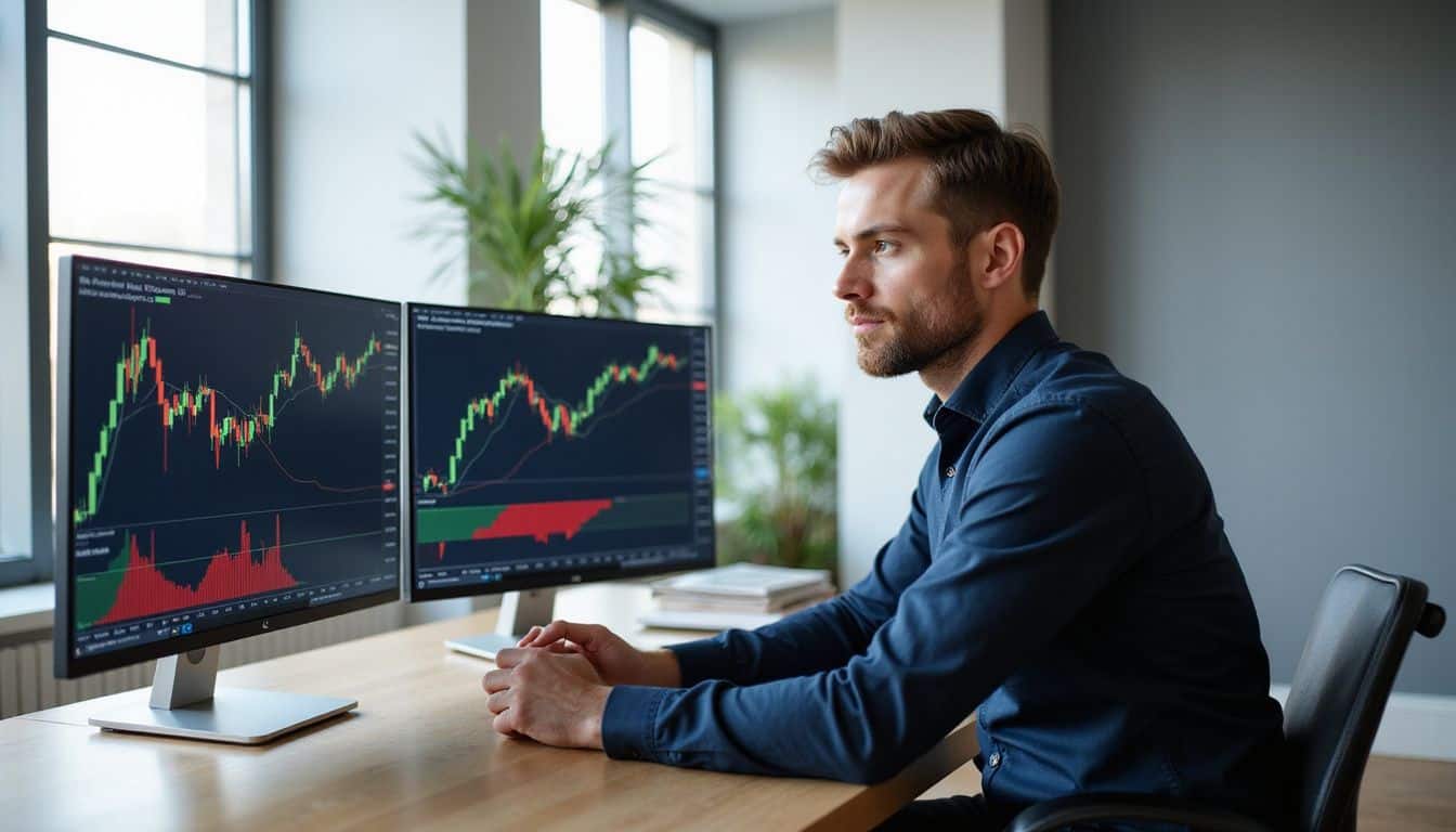 A focused man in a fitted dress shirt analyzes cryptocurrency charts at a minimalist wooden desk in a modern office. A focused man in a fitted dress shirt analyzes cryptocurrency charts at a minimalist wooden desk in a modern office.