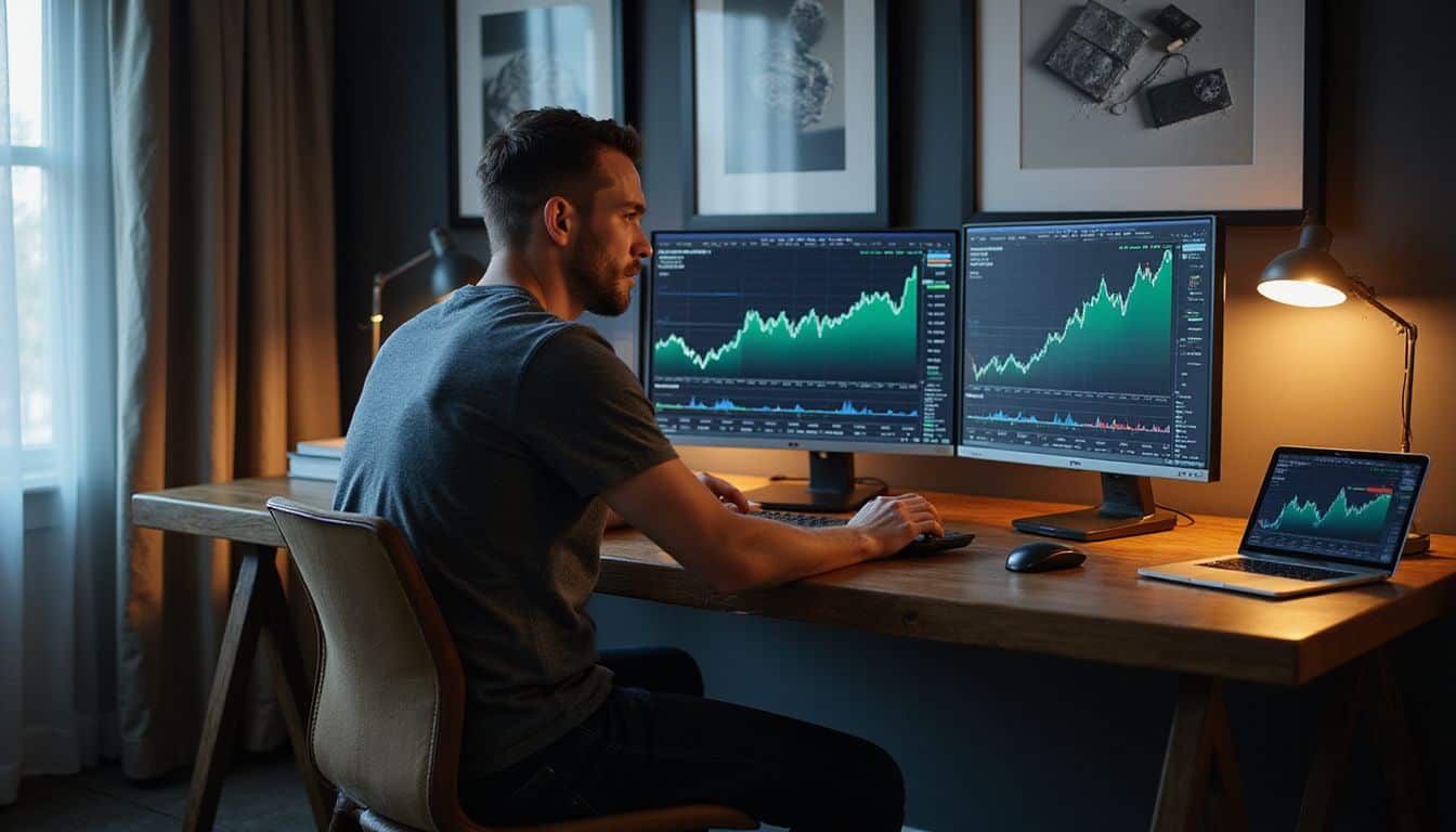 A man sits at a modern desk, focused on cryptocurrency charts displayed on multiple high-definition monitors. A man sits at a modern desk, focused on cryptocurrency charts displayed on multiple high-definition monitors.