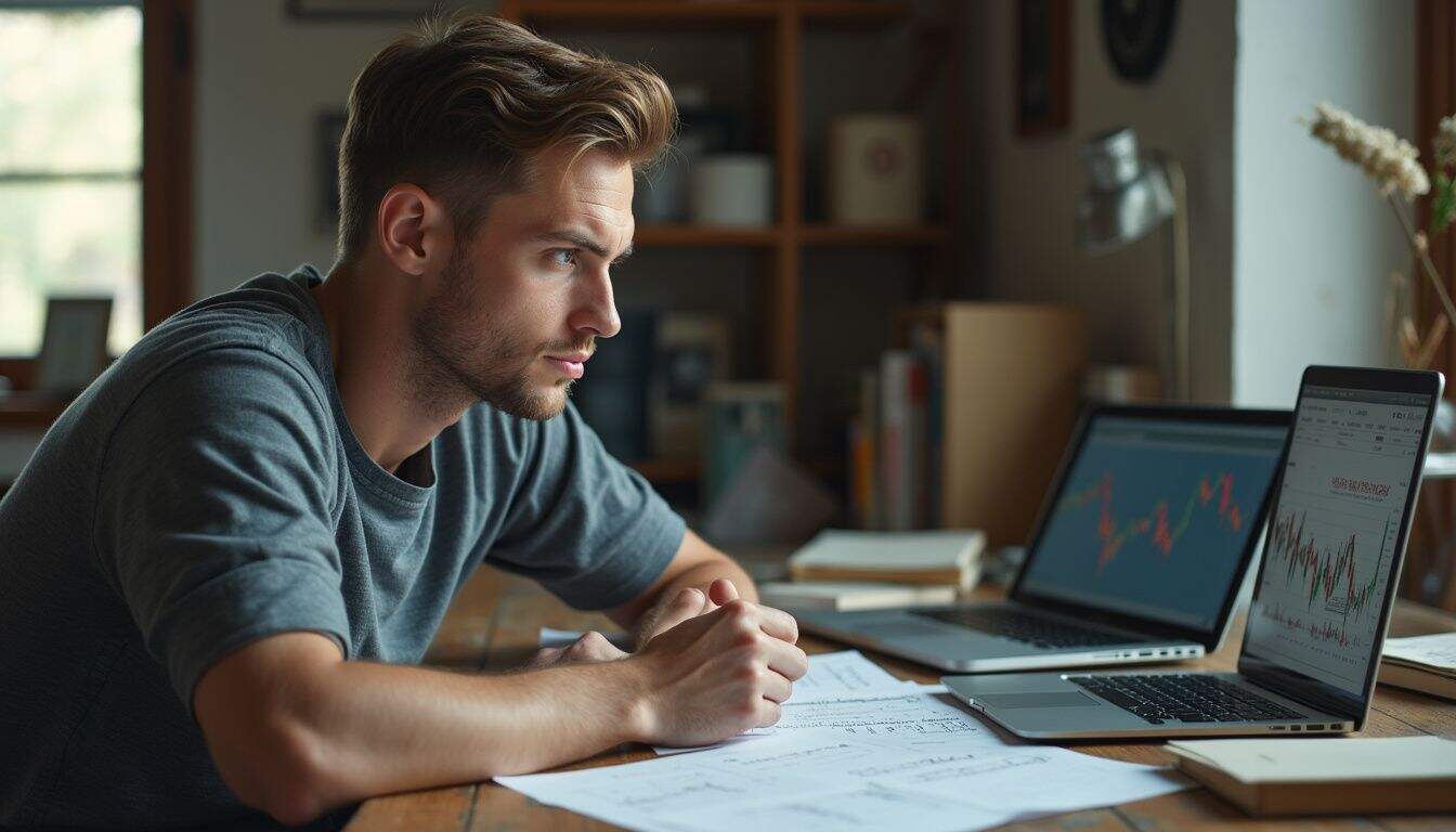 A thoughtful man studies cryptocurrency data at a cluttered desk filled with books and notes. A thoughtful man studies cryptocurrency data at a cluttered desk filled with books and notes.