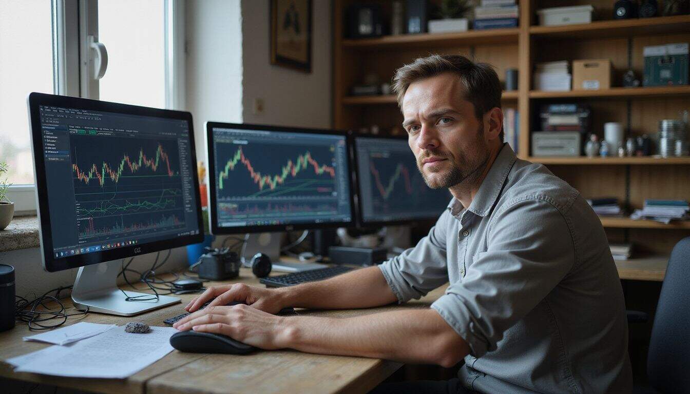 A focused man examines real-time cryptocurrency data on multiple monitors at a cluttered wooden desk filled with tech gadgets. A focused man examines real-time cryptocurrency data on multiple monitors at a cluttered wooden desk filled with tech gadgets.