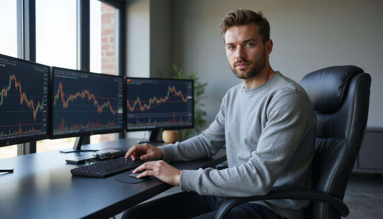 A focused man in a gray sweater works at a modern desk surrounded by multiple cryptocurrency market monitors. A focused man in a gray sweater works at a modern desk surrounded by multiple cryptocurrency market monitors.
