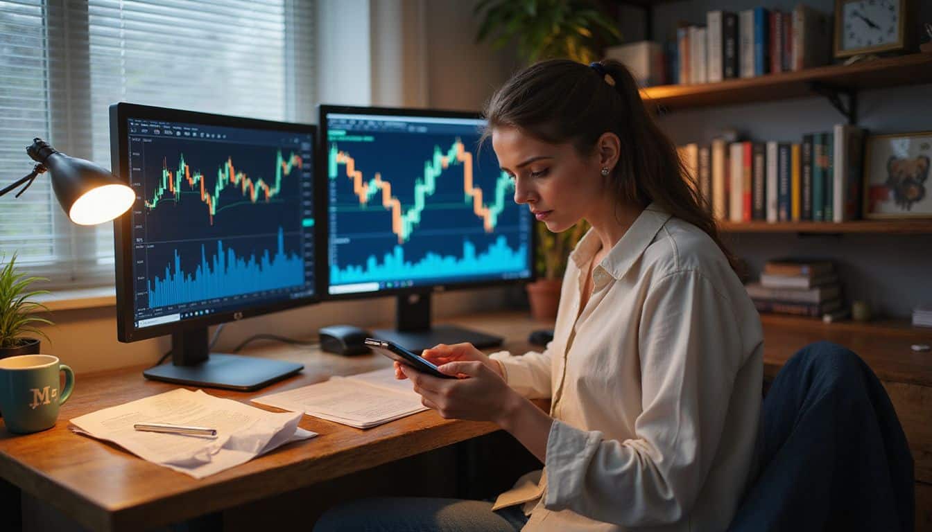 A woman in her 30s appears frustrated while analyzing cryptocurrency price charts in her cluttered home office. A woman in her 30s appears frustrated while analyzing cryptocurrency price charts in her cluttered home office.