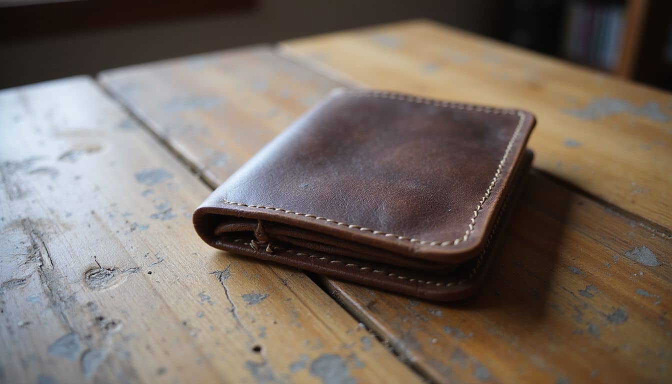 A well-worn leather wallet rests on a weathered oak table, showcasing its texture and the beauty of everyday life. A well-worn leather wallet rests on a weathered oak table, showcasing its texture and the beauty of everyday life.