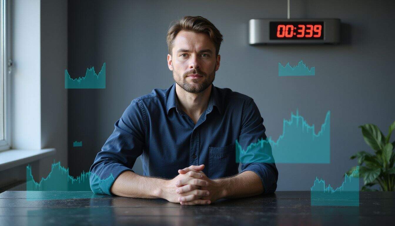 A focused man in a navy-blue shirt analyzes holographic cryptocurrency data at a minimalist, modern desk. A focused man in a navy-blue shirt analyzes holographic cryptocurrency data at a minimalist, modern desk.