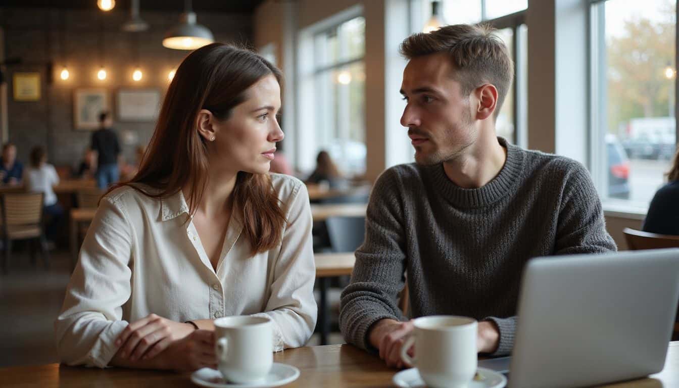 A woman and man engage in a focused discussion about blockchain technology while seated with laptops in a busy coffee shop. A woman and man engage in a focused discussion about blockchain technology while seated with laptops in a busy coffee shop.