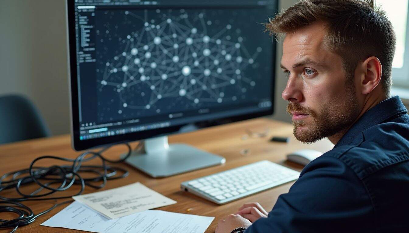 A man in a navy-blue shirt studies a complex blockchain visualization on a cluttered wooden desk. A man in a navy-blue shirt studies a complex blockchain visualization on a cluttered wooden desk.