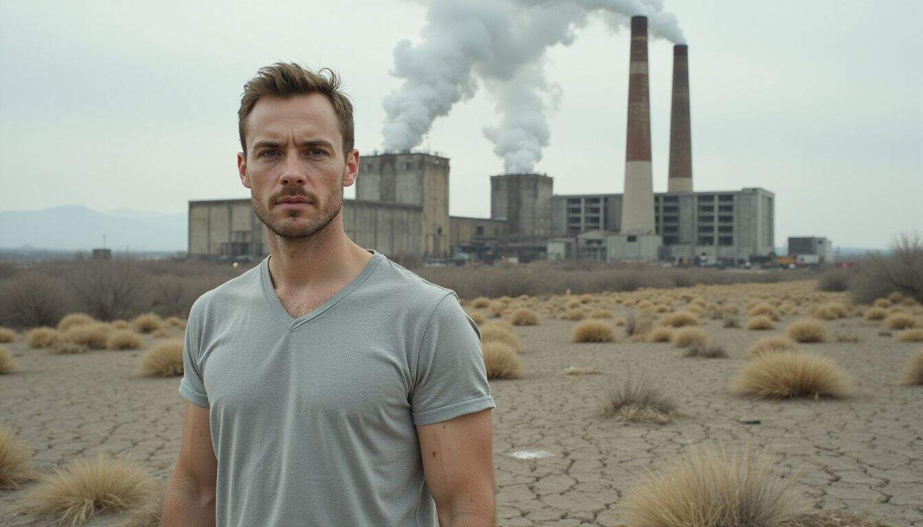 A concerned man stands in front of an industrial power plant surrounded by dry, barren land and smoke-emitting smokestacks. A concerned man stands in front of an industrial power plant surrounded by dry, barren land and smoke-emitting smokestacks.
