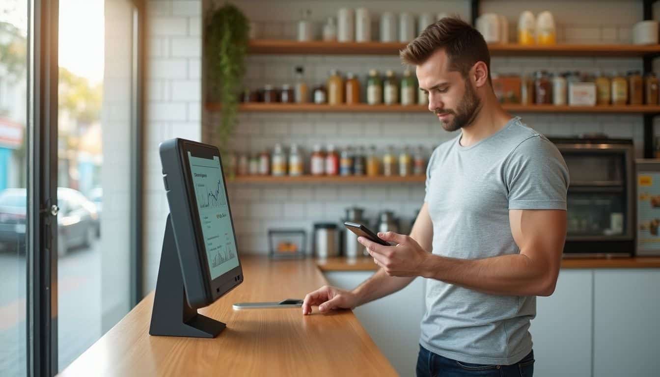 A man stands at a convenience store checkout, focused on his smartphone for a contactless payment. A man stands at a convenience store checkout, focused on his smartphone for a contactless payment.