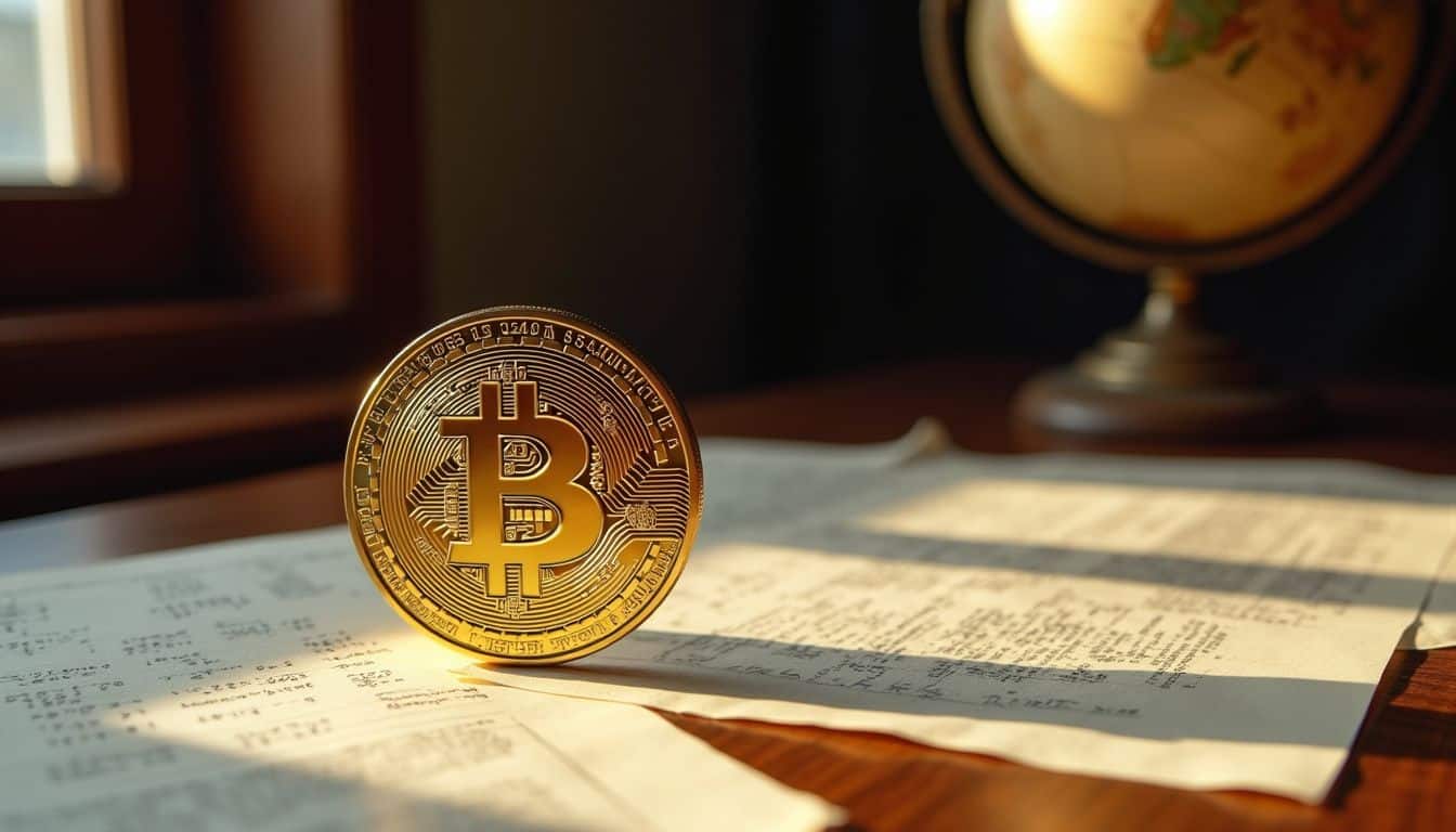 A polished golden Bitcoin symbol rests on an oak desk, surrounded by financial documents and an antique globe.