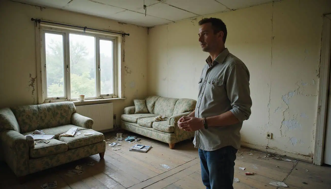A cluttered, neglected living room features worn furniture and scattered items, reflecting years of disarray and wear. A cluttered, neglected living room features worn furniture and scattered items, reflecting years of disarray and wear.