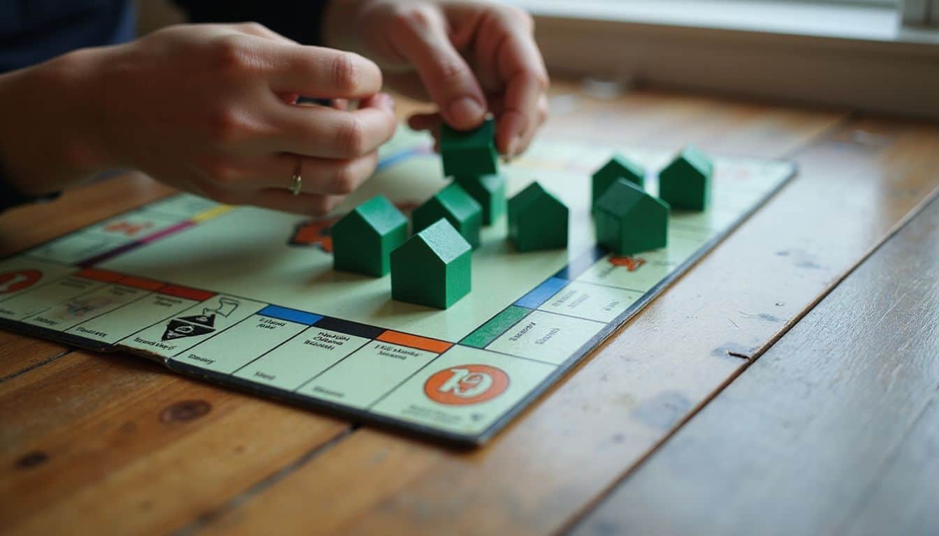 A close-up of a Monopoly game board highlights its vibrant properties and game pieces on a textured wooden table. A close-up of a Monopoly game board highlights its vibrant properties and game pieces on a textured wooden table.