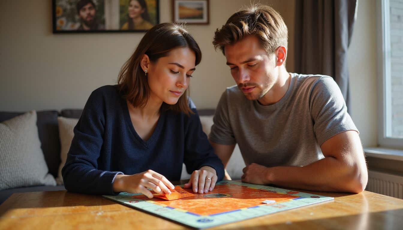 A young couple is engaged in a focused game of Monopoly at a cozy wooden dining table. A young couple is engaged in a focused game of Monopoly at a cozy wooden dining table.