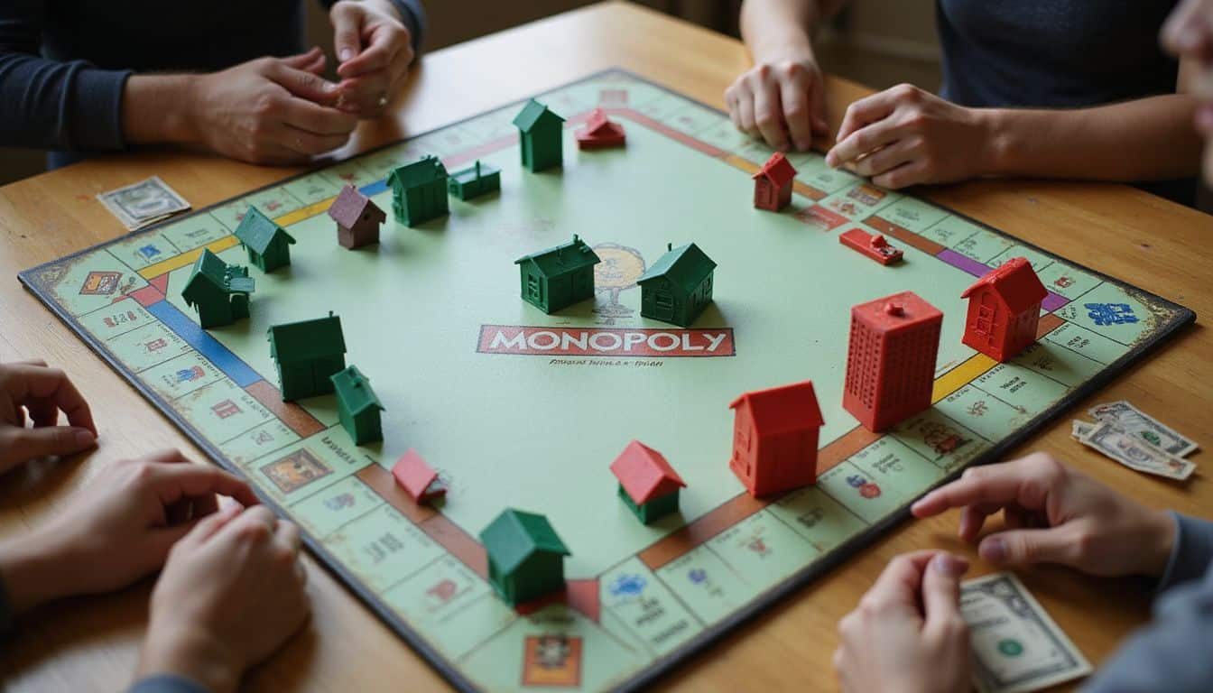 Aerial view of a Monopoly game being played, showcasing properties, player hands, and scattered money on a textured table. Aerial view of a Monopoly game being played, showcasing properties, player hands, and scattered money on a textured table.