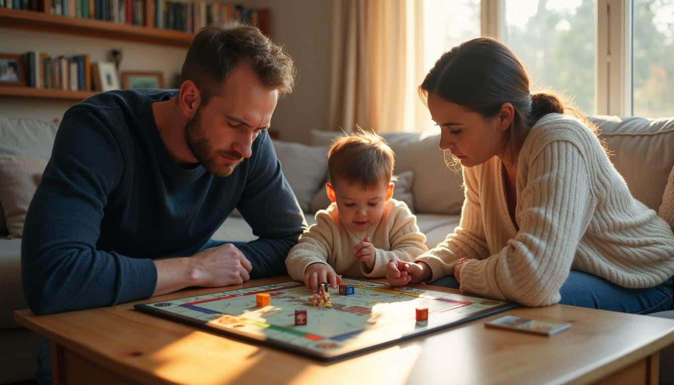 A family of three engages in a thoughtful game of Monopoly around a wooden coffee table in their living room. A family of three engages in a thoughtful game of Monopoly around a wooden coffee table in their living room.