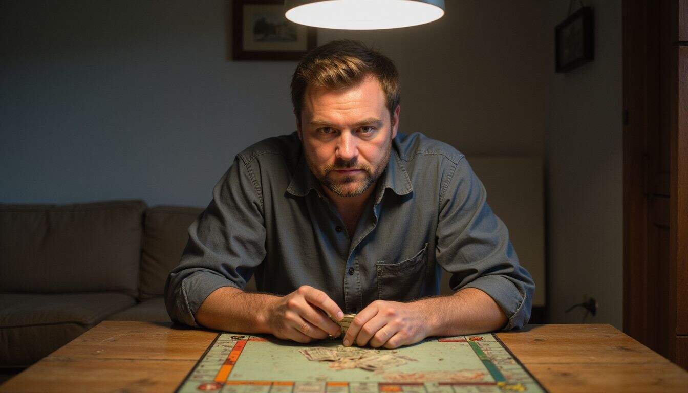 A man in his mid-30s intently focuses on a well-worn Monopoly board during a game night. A man in his mid-30s intently focuses on a well-worn Monopoly board during a game night.