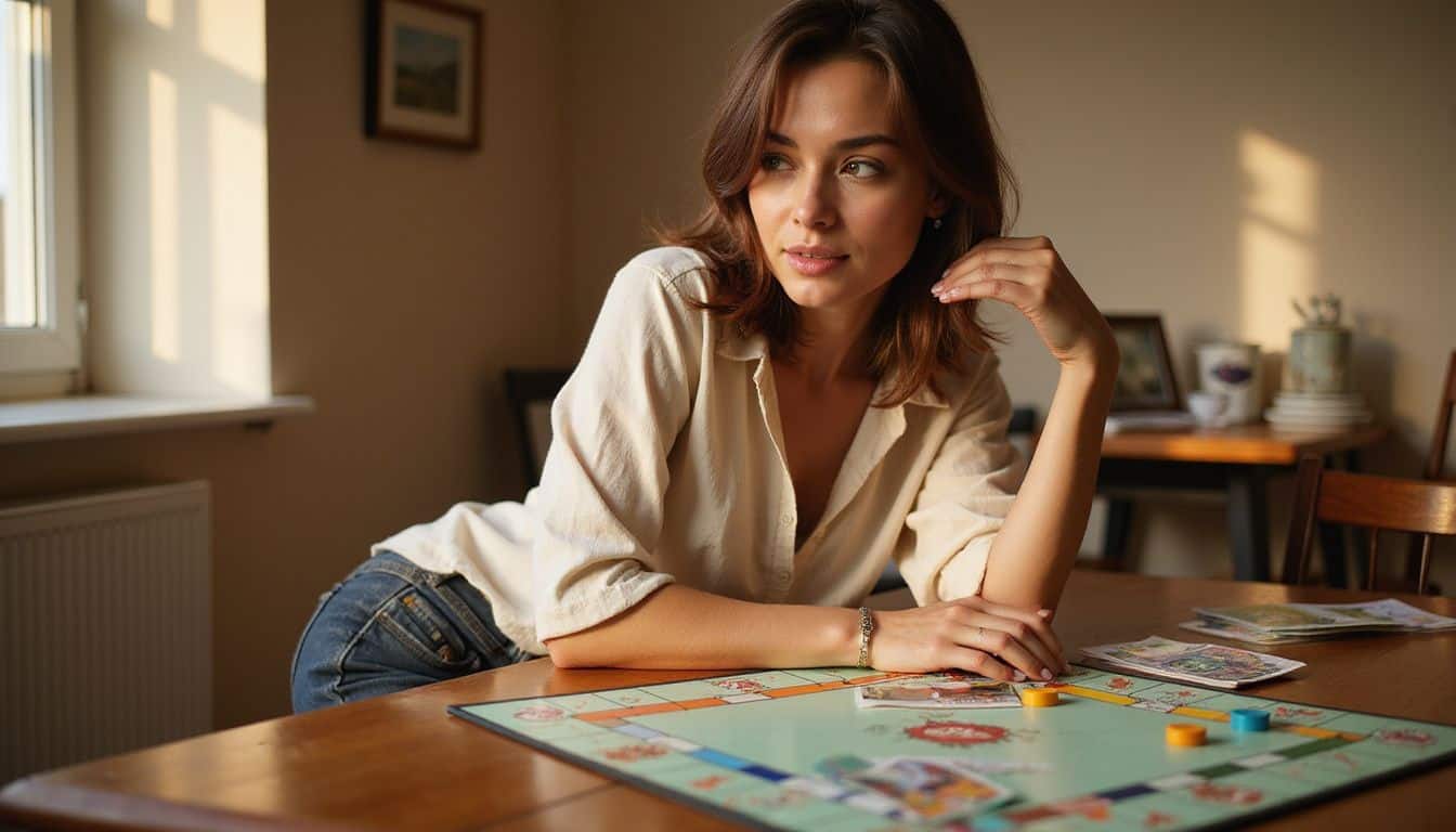 A woman in her mid-30s plays Monopoly, focused on her strategy with property cards and money in hand. A woman in her mid-30s plays Monopoly, focused on her strategy with property cards and money in hand.