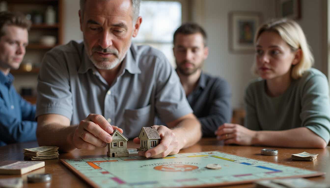 A middle-aged man carefully places a plastic house on a well-worn Monopoly board while engaged in a game with others. A middle-aged man carefully places a plastic house on a well-worn Monopoly board while engaged in a game with others.