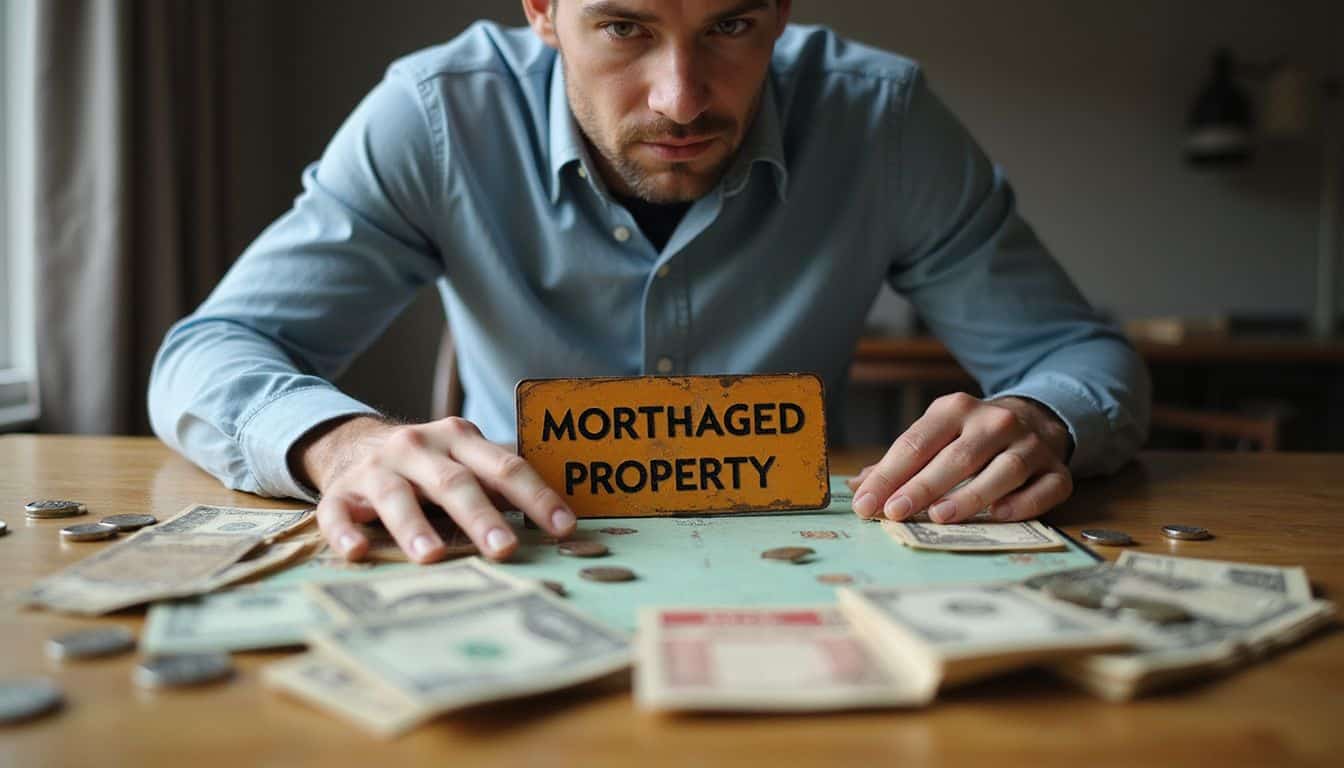 A man looks puzzled while standing in front of a 'Mortgaged Property' sign on a Monopoly game board. A man looks puzzled while standing in front of a 'Mortgaged Property' sign on a Monopoly game board.
