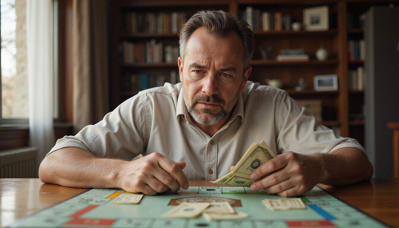 A middle-aged man contemplates his strategy while playing Monopoly, holding cash and a property deed amid game tension. A middle-aged man contemplates his strategy while playing Monopoly, holding cash and a property deed amid game tension.