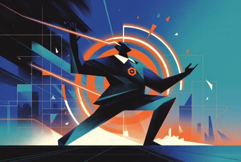 Futuristic digital superhero in dynamic pose, vibrant sci-fi background with geometric elements, emphasizing tech innovation and modern cybersecurity themes.