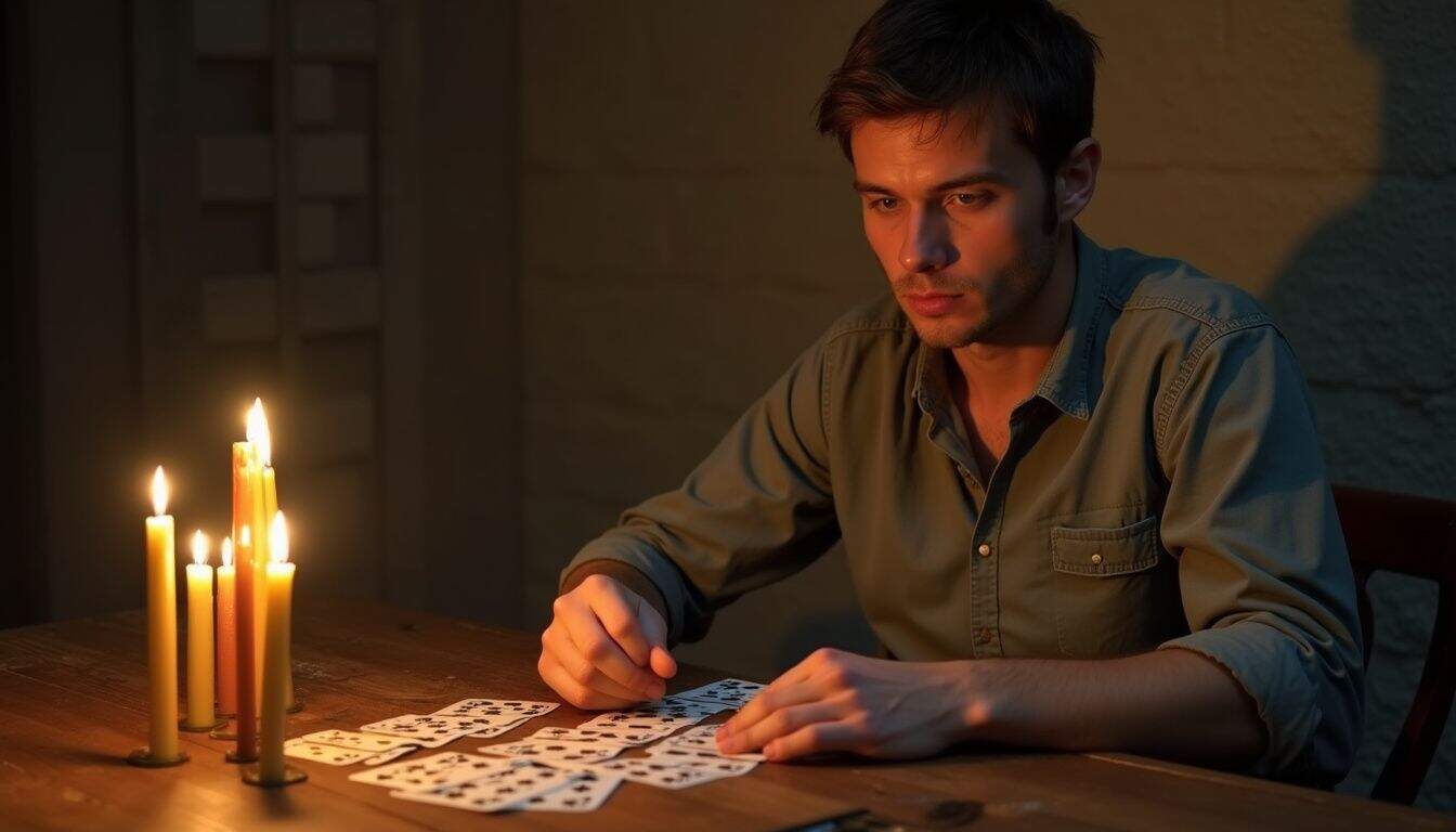 A man in a faded shirt thoughtfully examines playing cards at a rustic wooden table surrounded by candles. A man in a faded shirt thoughtfully examines playing cards at a rustic wooden table surrounded by candles.