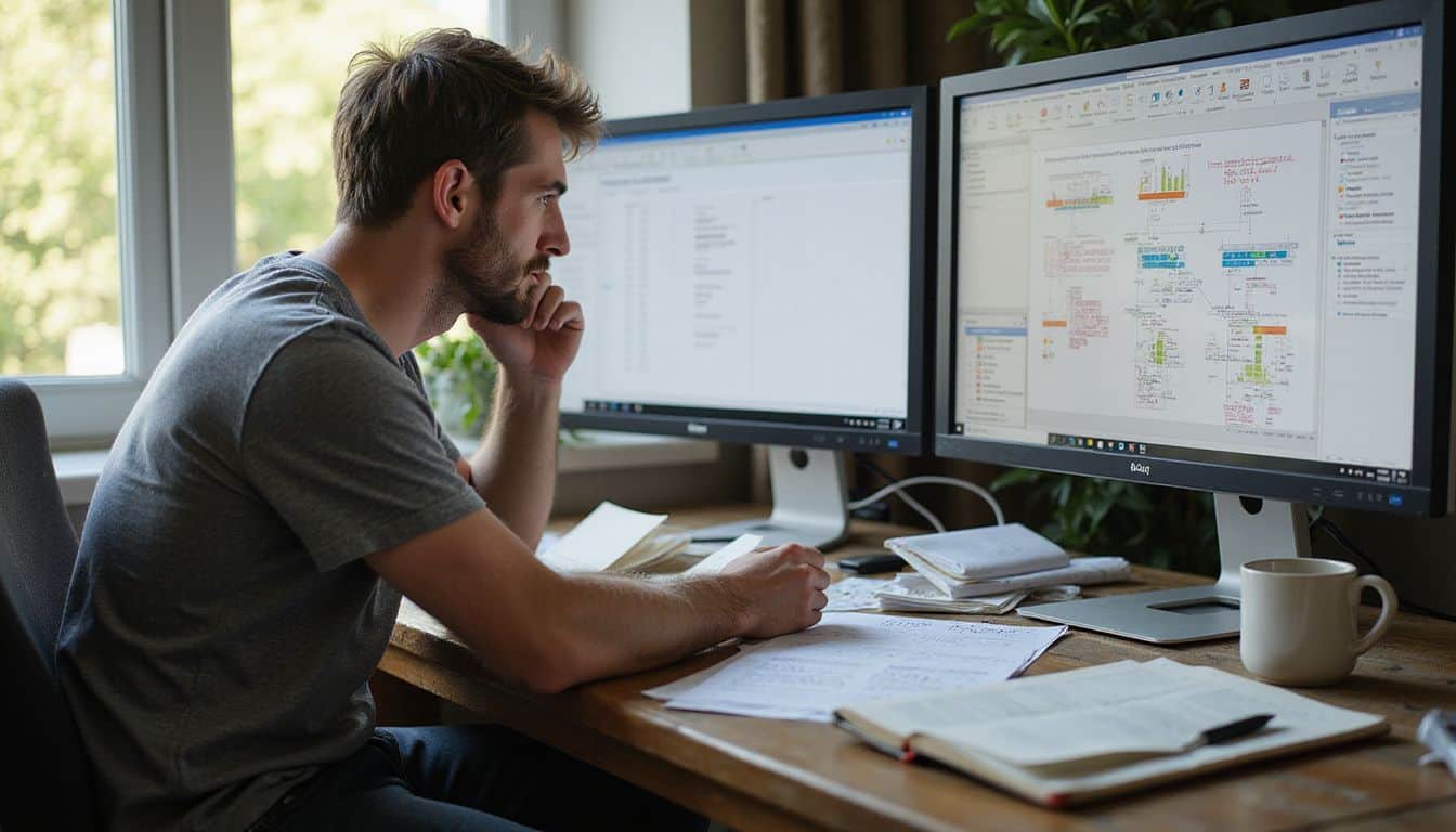 A focused man analyzes game design elements at a cluttered desk with multiple computer monitors displaying detailed data and charts. A focused man analyzes game design elements at a cluttered desk with multiple computer monitors displaying detailed data and charts.