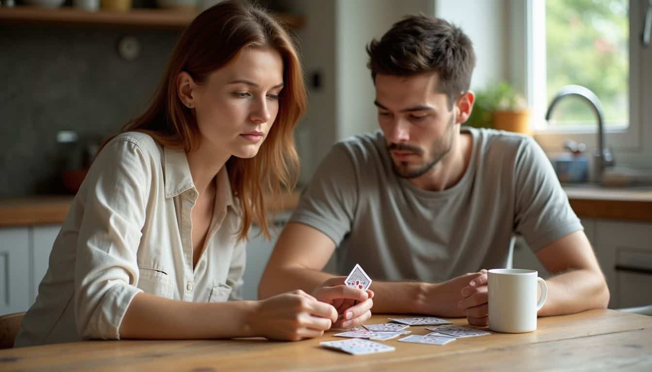 A woman and man concentrate on playing cards at a rustic kitchen table amidst a casual, intimate atmosphere. A woman and man concentrate on playing cards at a rustic kitchen table amidst a casual, intimate atmosphere.