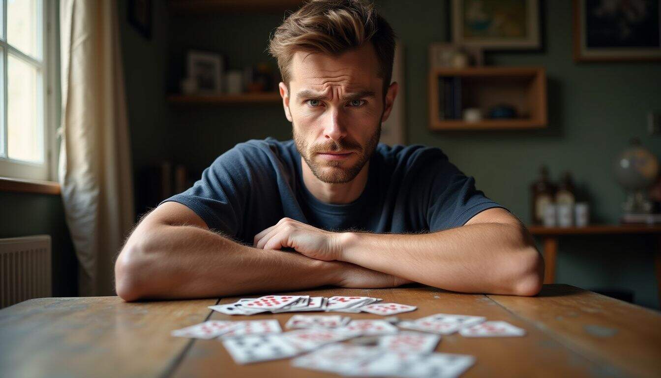 A man in a navy shirt appears frustrated while studying scattered playing cards on a worn wooden table. A man in a navy shirt appears frustrated while studying scattered playing cards on a worn wooden table.