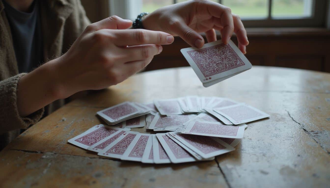 A pair of hands hovers above a fanned deck of playing cards on a weathered wooden table. A pair of hands hovers above a fanned deck of playing cards on a weathered wooden table.
