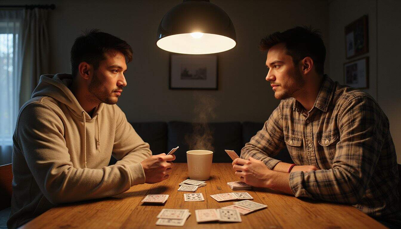 Two adults engage in a focused card game at a weathered wooden table, showcasing a comfortable familiarity. Two adults engage in a focused card game at a weathered wooden table, showcasing a comfortable familiarity.