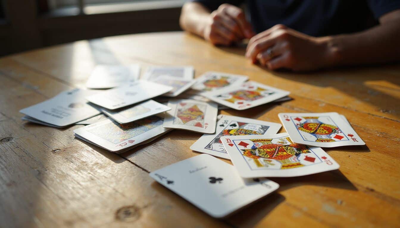 A weathered oak table displays a scattered deck of well-used playing cards, evoking a quiet moment of casual gameplay. A weathered oak table displays a scattered deck of well-used playing cards, evoking a quiet moment of casual gameplay.