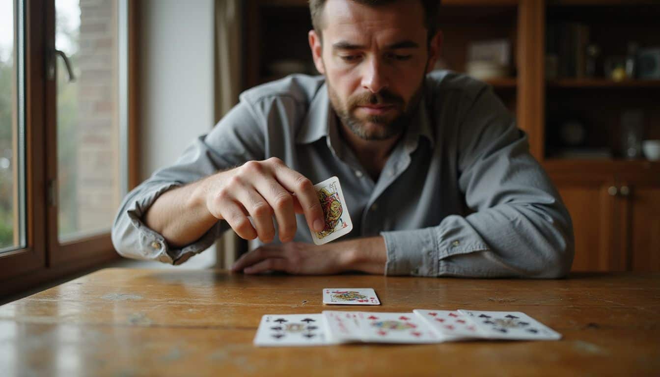 A man in his 30s focuses on drawing a card from a scattered deck on a textured oak table. A man in his 30s focuses on drawing a card from a scattered deck on a textured oak table.