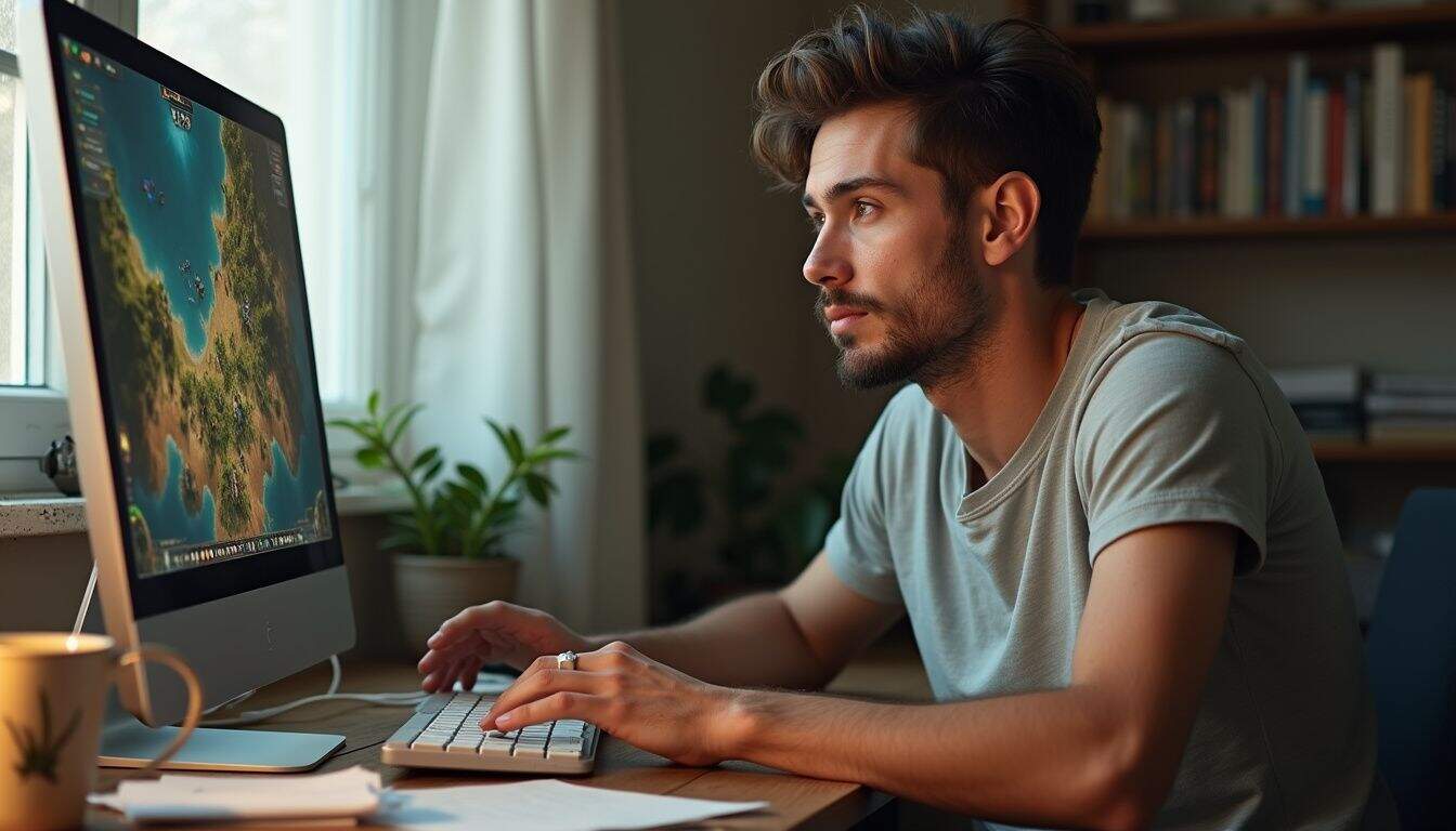 A man in a T-shirt sits at a desk, focused on a colorful strategy game on his computer. A man in a T-shirt sits at a desk, focused on a colorful strategy game on his computer.