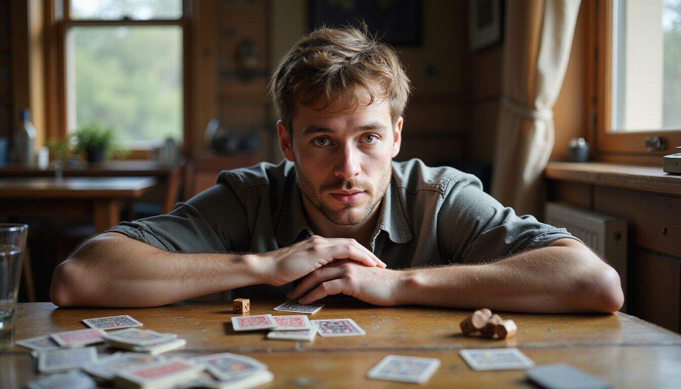 A focused man sits at a gaming table, recalibrating his strategy amidst scattered cards and game pieces. A focused man sits at a gaming table, recalibrating his strategy amidst scattered cards and game pieces.