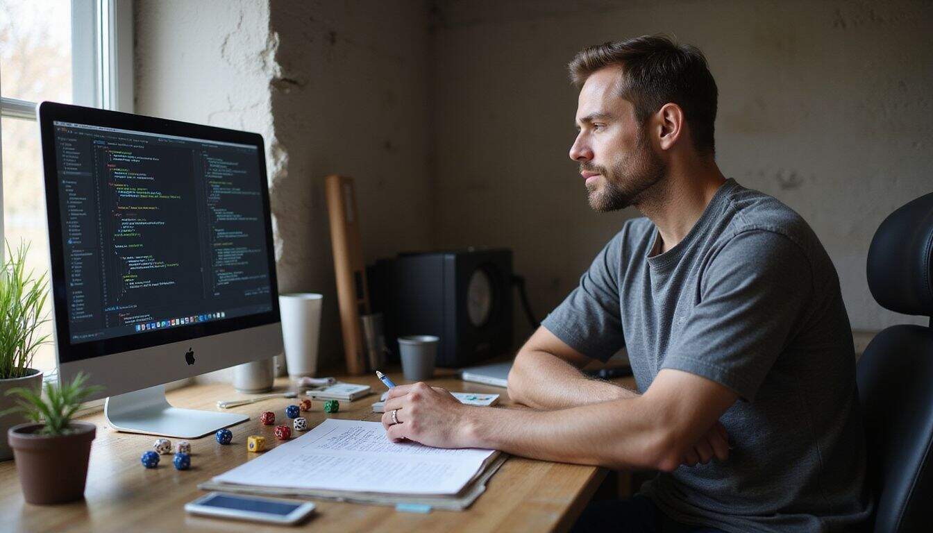 A focused man studies algorithms at a wooden desk, surrounded by playing cards and polyhedral dice. A focused man studies algorithms at a wooden desk, surrounded by playing cards and polyhedral dice.
