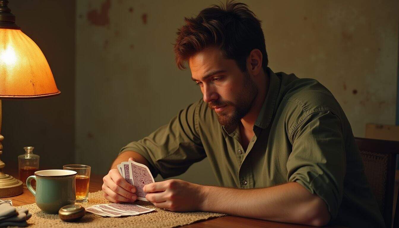 A man intently plays cards at a worn wooden table surrounded by everyday objects in a cozy setting. A man intently plays cards at a worn wooden table surrounded by everyday objects in a cozy setting.