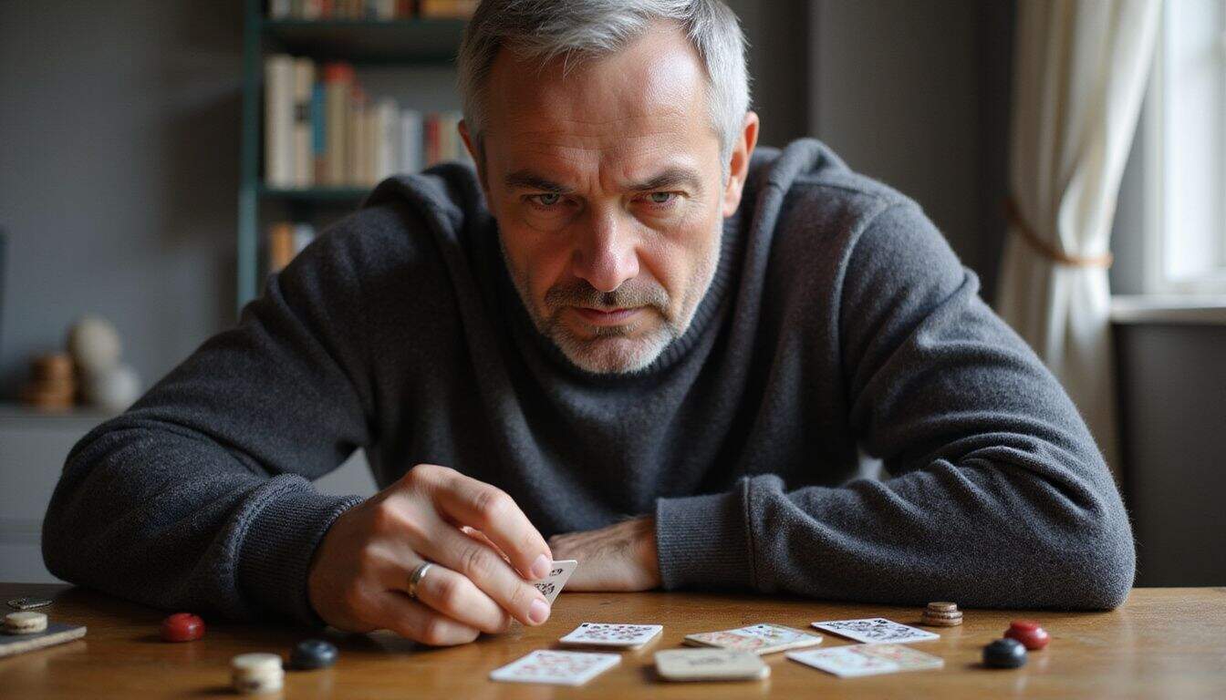 An older man with a focused expression carefully examines a playing card amid scattered game pieces on a wooden table. An older man with a focused expression carefully examines a playing card amid scattered game pieces on a wooden table.
