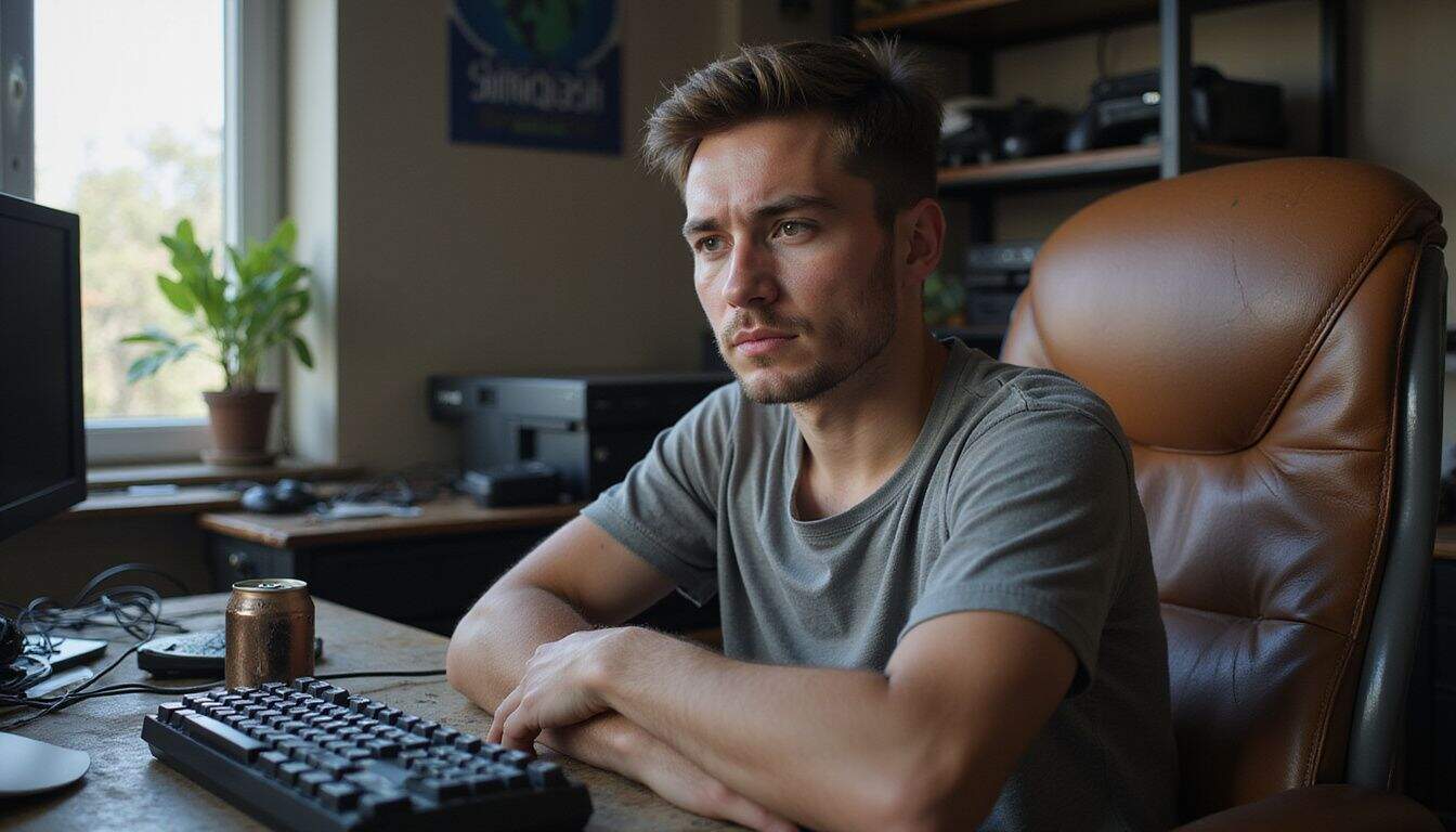 A frustrated young adult gamer sits in a cluttered room surrounded by worn gaming gear and energy drinks. A frustrated young adult gamer sits in a cluttered room surrounded by worn gaming gear and energy drinks.