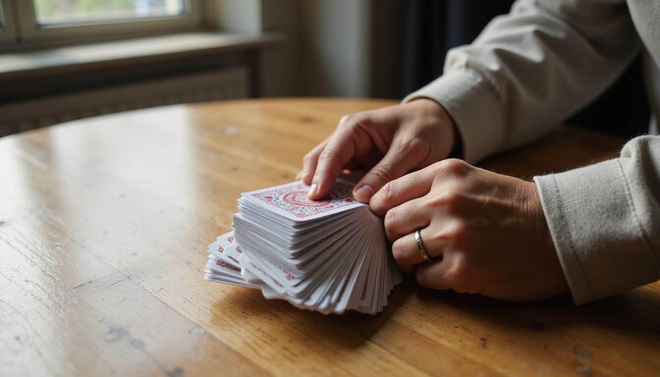 A hand riffle shuffles a deck of playing cards on a textured wooden table. A hand riffle shuffles a deck of playing cards on a textured wooden table.