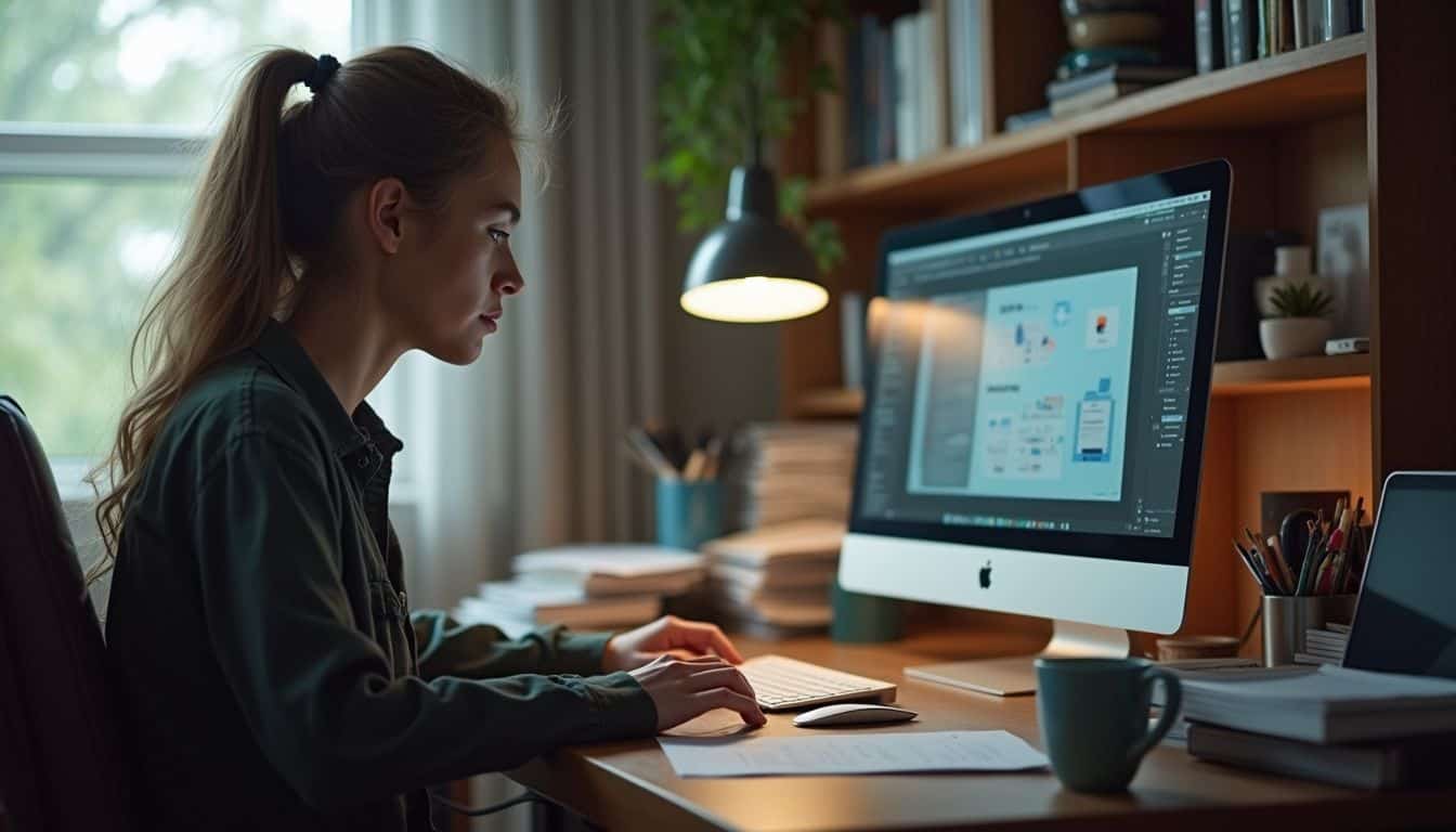 A woman in her 30s casually edits slides at a cluttered home office desk, looking relaxed and natural. A woman in her 30s casually edits slides at a cluttered home office desk, looking relaxed and natural.