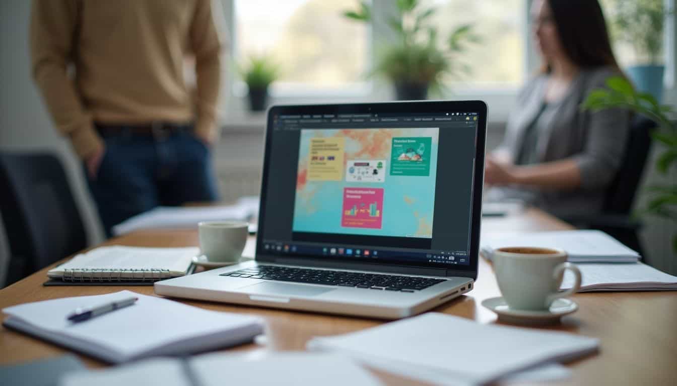 A casual office scene features a laptop with a colorful presentation, surrounded by common work items and a casually dressed person. A casual office scene features a laptop with a colorful presentation, surrounded by common work items and a casually dressed person.