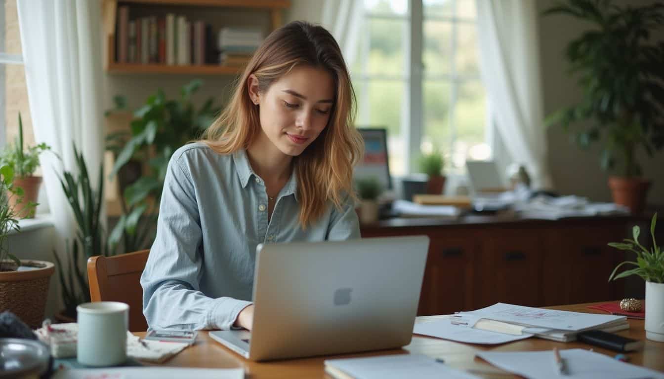 A woman in her 30s casually works on her laptop at a cluttered home office desk. A woman in her 30s casually works on her laptop at a cluttered home office desk.