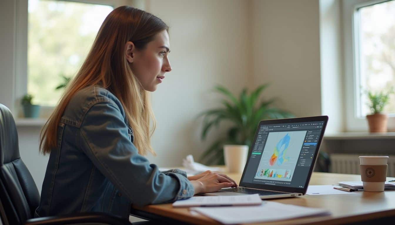 A young woman works casually at her desk, focused on a design program displayed on her laptop. A young woman works casually at her desk, focused on a design program displayed on her laptop.
