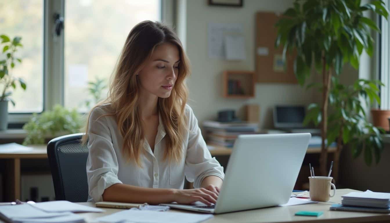 A focused woman in her 30s works at a cluttered desk with her laptop and scattered office items. A focused woman in her 30s works at a cluttered desk with her laptop and scattered office items.