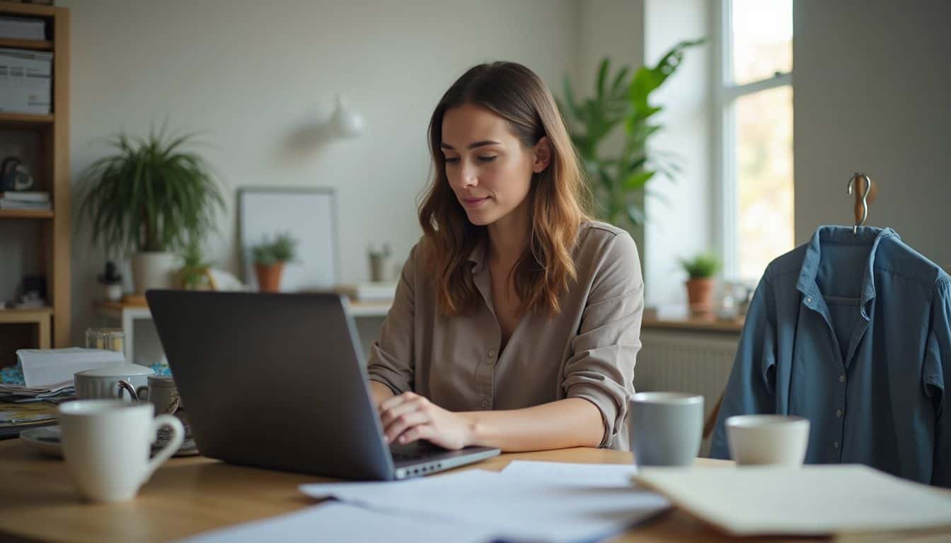 A woman in her 30s sits at a cluttered desk, focused on her laptop amidst everyday office items. A woman in her 30s sits at a cluttered desk, focused on her laptop amidst everyday office items.