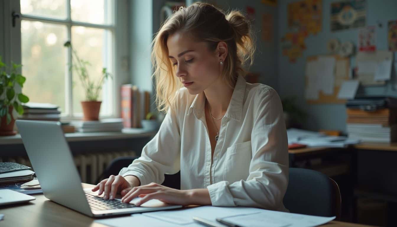 A woman in her mid-30s works focused on her laptop at a cluttered office desk. A woman in her mid-30s works focused on her laptop at a cluttered office desk.