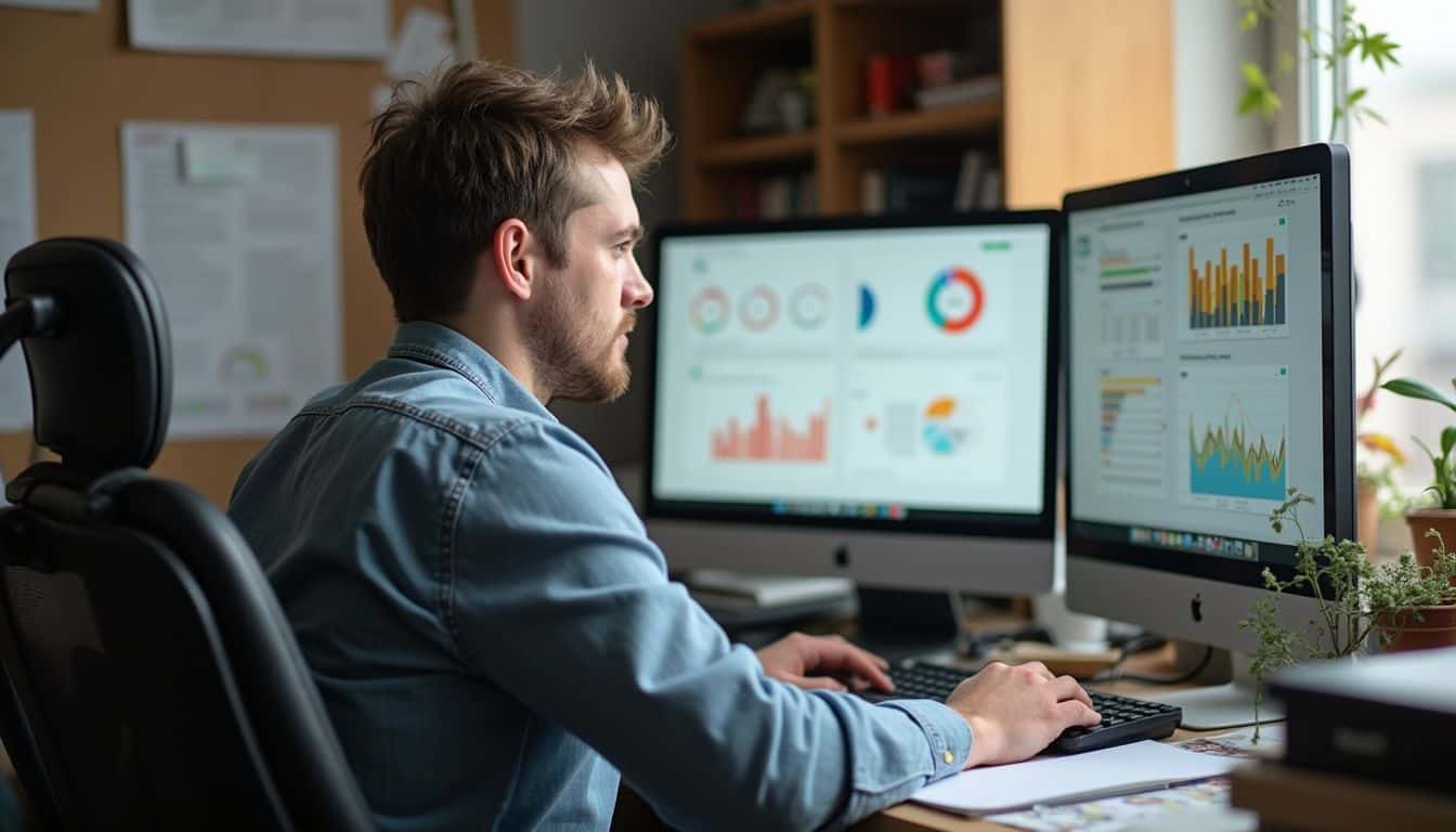 A man in his 30s works at a cluttered desk, focused on presentation slides and analytics dashboards. A man in his 30s works at a cluttered desk, focused on presentation slides and analytics dashboards.