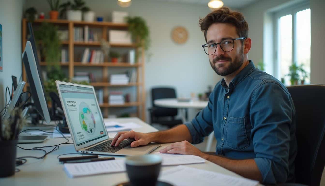 A focused man works at his cluttered desk on AI slides during a typical office day. A focused man works at his cluttered desk on AI slides during a typical office day.
